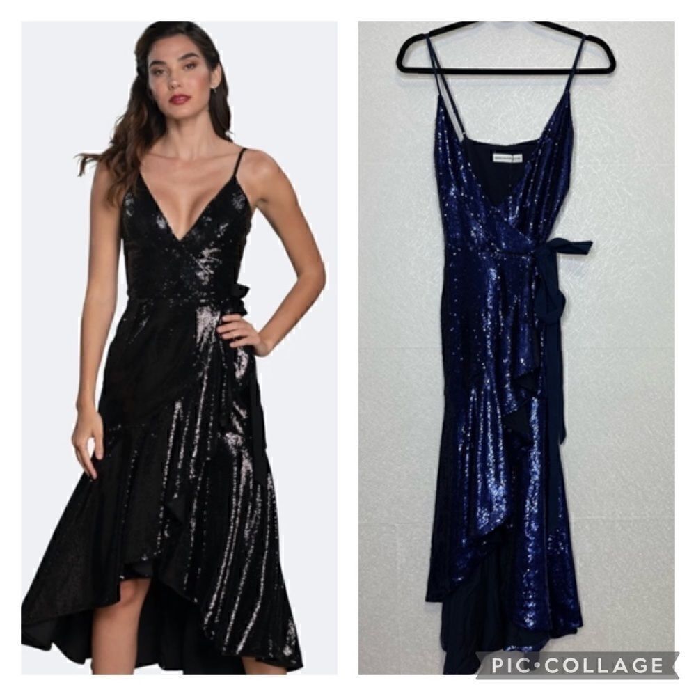 Dress the Population BLUE Ulla Wrap Fit and Flare Sequin Dress S